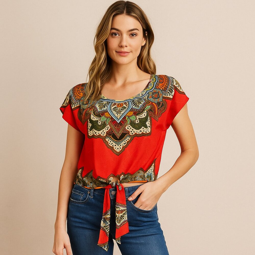 Walker Boutique Boho Floral Tie Front Crop Top Red Multicolor Festival Size S